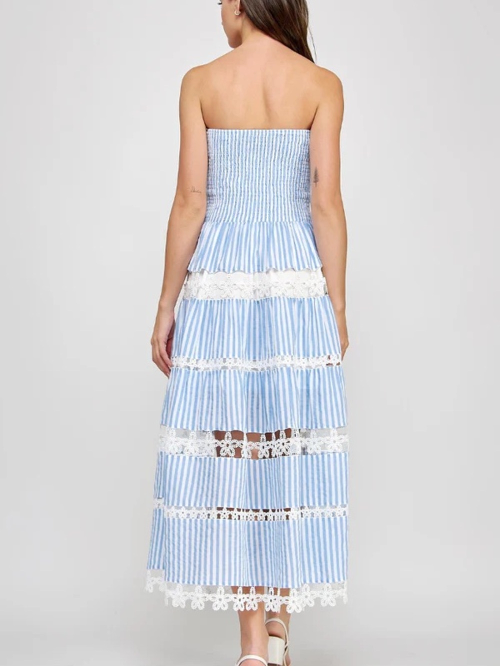 Strut and Bolt Blue and White Striped Strapless Maxi Dress Crochet Trim Size L - Picture 2 of 3